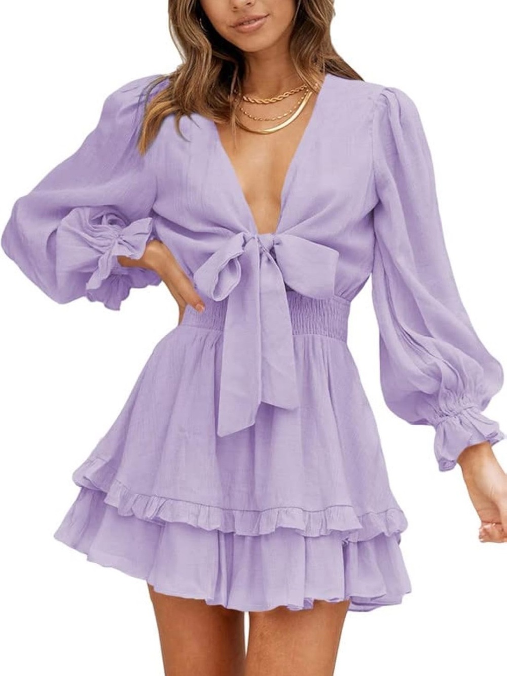 Lavender Tie-Front Ruffle Mini Dress | Long Sleeve | Size Medium